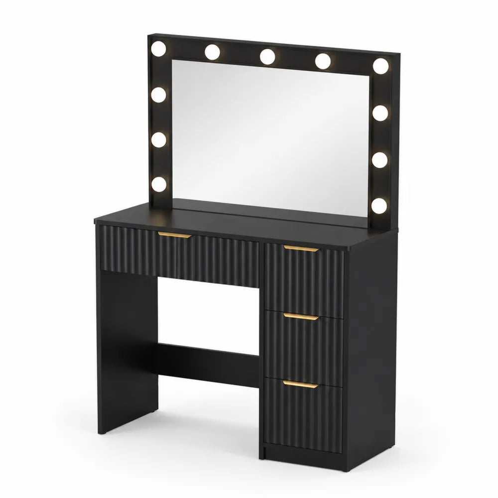 Schminktisch mit Spiegel und LED-Beleuchtung Schwarze MDF-Platte