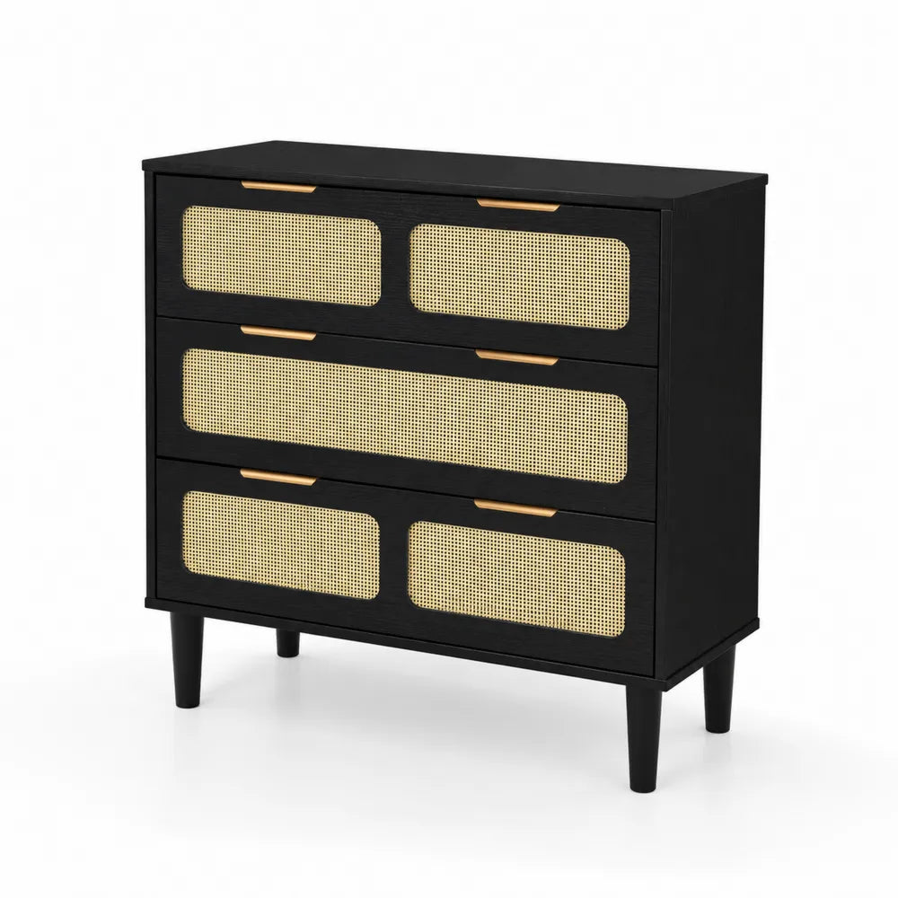 Holzkommode mit drei Schubladen und Rattan, Schwarz und Gold